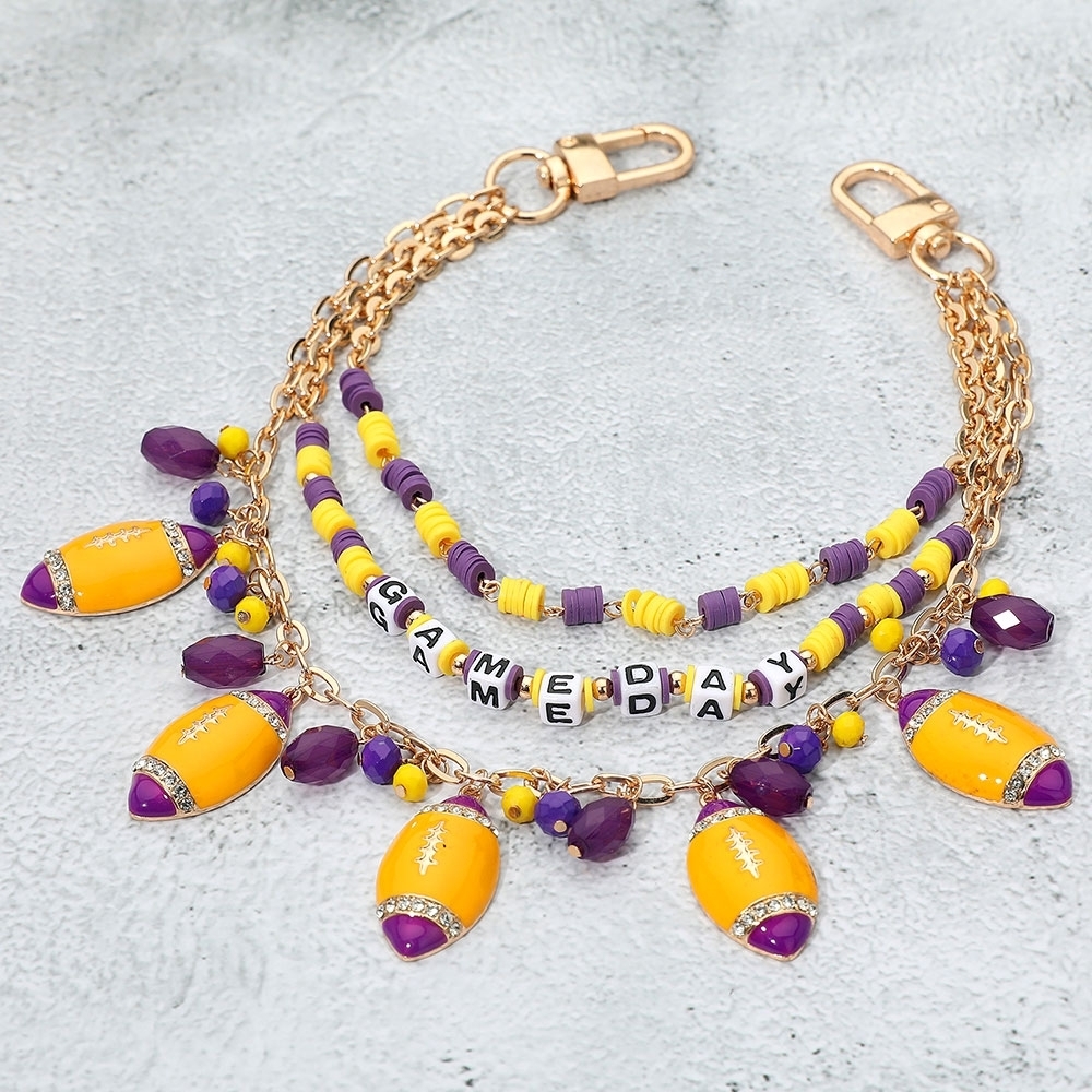 Purple Yellow GAME DAY Football Dangle Charms Heishi Beaded Layered Purse Chain